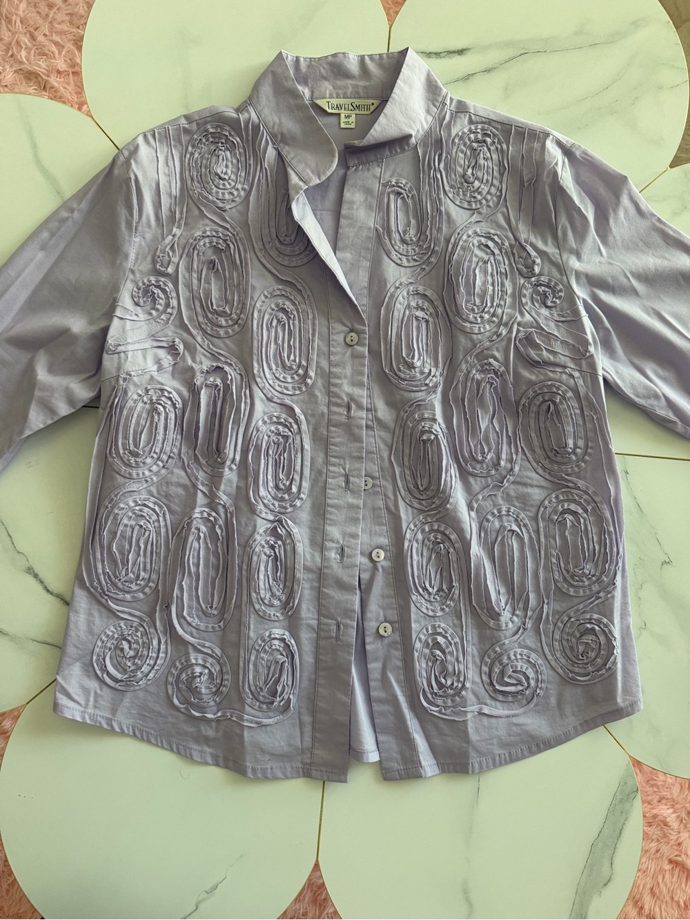 TravelSmith Light Lavender Decorative Button-Front Blouse